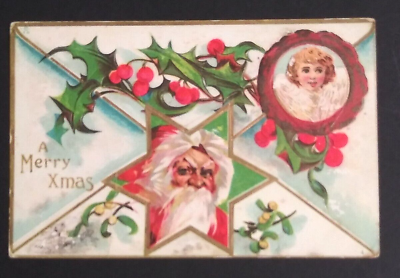 #ad A Merry Xmas Santa Holly Florence Bamberger Gold Embossed Postcard c1910s $5.99