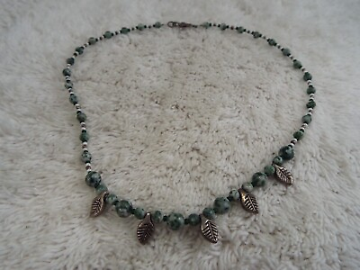 #ad Silvertone Leaf Pendants Green Tree Agate Stone Bead Necklace F9 $7.63
