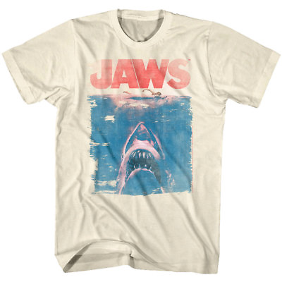 #ad Jaws Vintage Movie Poster Men#x27;s T Shirt Great White Shark Attack Swimmer Faded $24.50