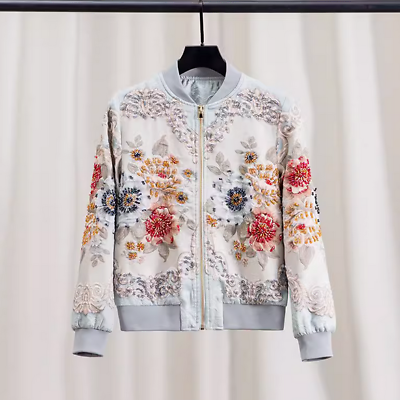 #ad Occident Womens Floral Beaded Bomber Jacket Rhinestone Retro Crystal Coats Loose $134.20