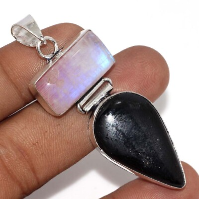 #ad Black Obsidian Rainbow Moonstone Ethnic Long Pendant Jewelry 2.4quot; GW $4.99