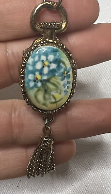 #ad Vintage Flower Necklace porcelain Pendant Gold Tone seems hand painted tassel $35.00