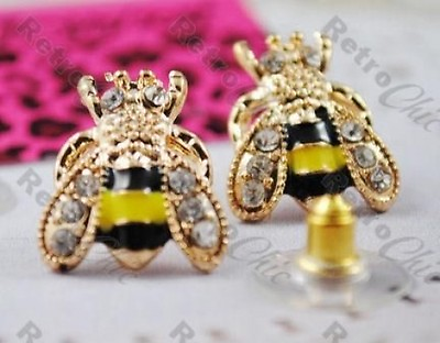 #ad BETSEY JOHNSON cute CRYSTAL rhinestone BEE STUD EARRINGS bees BJ gold pl studs GBP 3.99