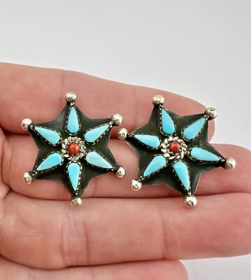#ad Vtg Zuni Sterling Silver Needle Point Turquoise Star Post Stud Earrings 1.25quot; $149.00