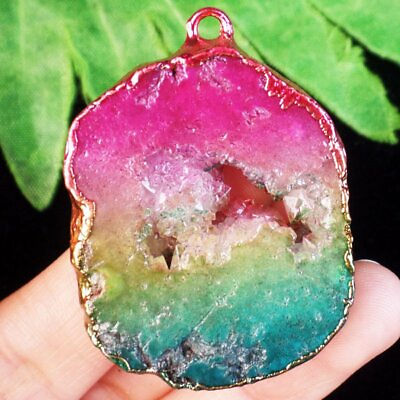 #ad Wrap Rainbow Crystal Agate Druzy Quartz Geode Freeform Pendant D32560 $10.13