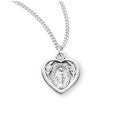 #ad Girls Petite Sterling Silver Heart Shape Miraculous Medal Pendant on 13 In Chain $43.88