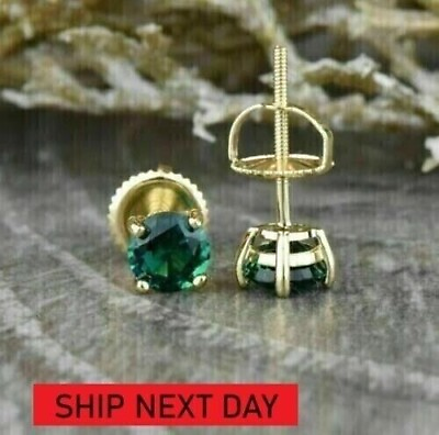 #ad 2CT Round Lab Created Green Diamond Women#x27;s Stud earrings 14K Yellow Gold Plated $24.99