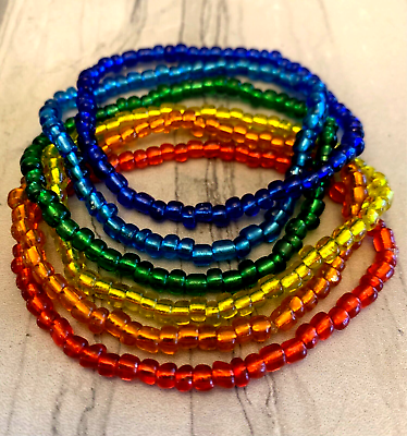 #ad Rainbow Silver Lined Seed Bead Stretch Bracelets Red Blue Green Yellow Set of 6 $11.49