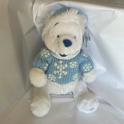#ad Disney Store 12quot; Winnie the Pooh Plush White Blue Snowflake Pals Knit Sweater $15.99