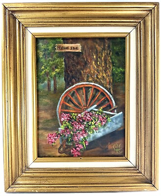 #ad Beautiful Painting Wagon Wheel Wheelbarrow Flower Bed Forest 14x17.5” $40.20