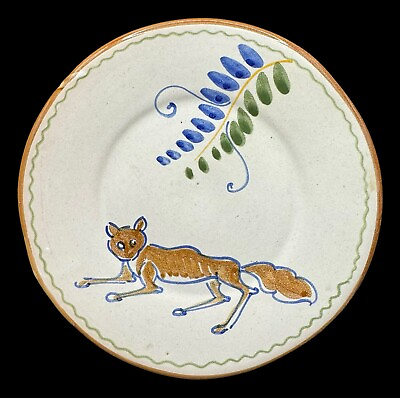 #ad Faience Style Art Pottery Fox Animal Trinket Dish Plate Round 6 inches $14.99