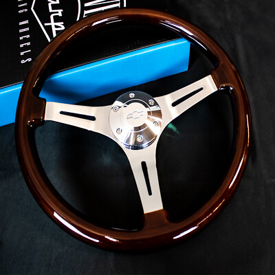 #ad 15 Inch Chrome Polished Steering Wheel Dark Wood 3 Spoke with Chevy Horn Button $182.76