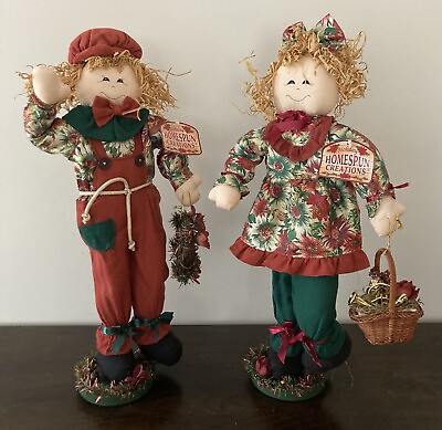 #ad VTG DanDee Homespun Creations Figurine Pair 23quot; Straw Hair Christmas Country NWT $34.87