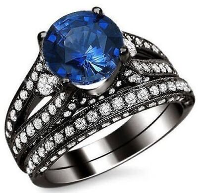 #ad 3.34 Ct Lab Created Blue Round Diamond Engagement Bridal Set 925 Silver Ring New $175.00