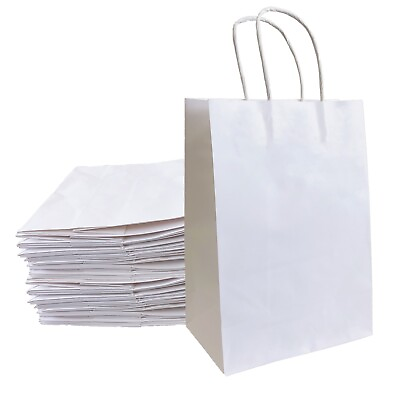#ad 100 White Kraft Paper Gift Bags with Handles Packaging Retail Merchandise Bag $25.49