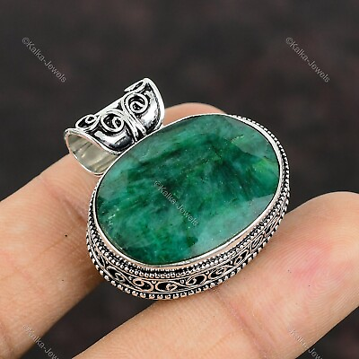 #ad Natural Green Stone Gemstone 925 Sterling Silver Pendant Vintage For Girls $32.70