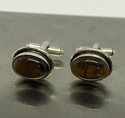 #ad Tigers Eye Silver Plated Bronze Natural Oval Stone Cufflinks India 10.6g $29.00