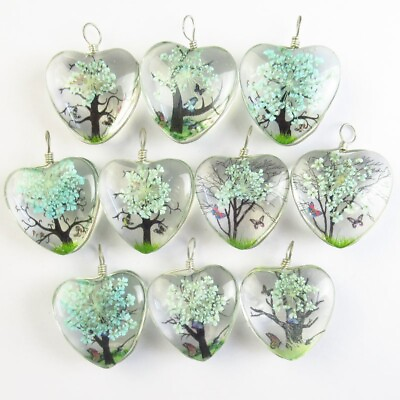 #ad 10Pcs 24x12mm Blue Delicate Crystal Glass Dried Flower Heart Pendant T02027 $19.08