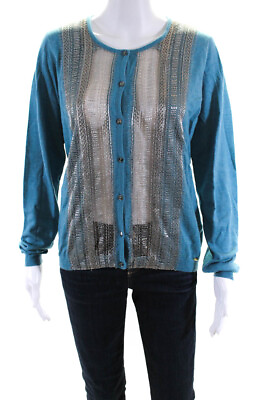 #ad Escada Womens Teal Wool Lace Trim Crew Neck Cardigan Sweater Top Size L $233.99