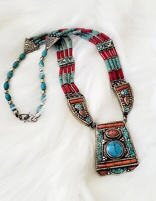 #ad Vintage Tibetan Nepalese Turquoise Coral Necklace $31.50