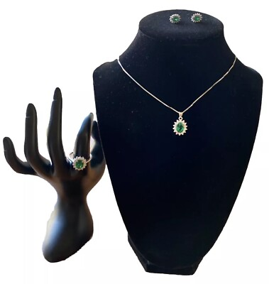 #ad Silver Plated Emerald Gemstone Box Chain Necklace Set Us Seller Gorgeous. $245.00