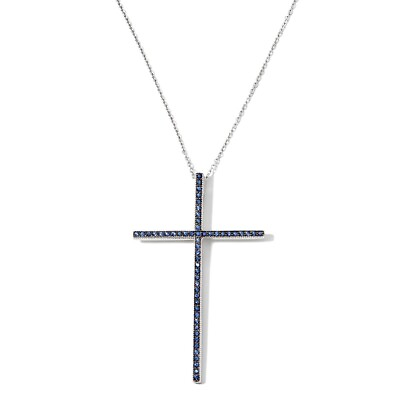 #ad Womens Blue Sapphire Large Cross Sterling Silver Necklace New HSN Jewelry $118.99