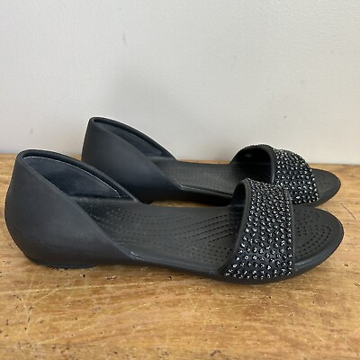 #ad Crocs Lina Embellished D#x27;Orsay Flats Women#x27;s 7 Black Sandals 204361 Comfort $19.98