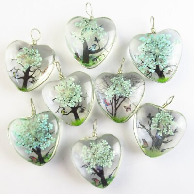 #ad 8Pcs 24x12mm Blue Delicate Crystal Glass Dried Flower Heart Pendant T02027 $15.76