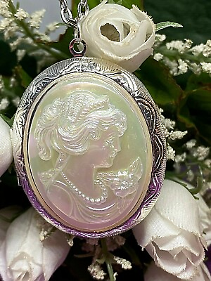 #ad Shimmering Victorian Miss Cameo Silver Engraved Locket Necklace Wedding Mothers $21.90