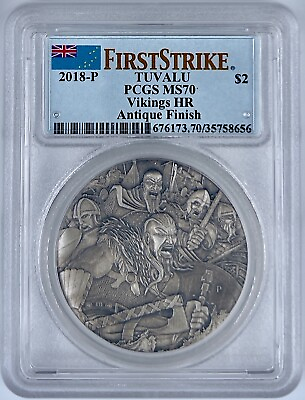 #ad 2018 P Tuvalu Vikings 2 Oz PCGS MS 70 Antique Finish High Relief First Strike $158.99