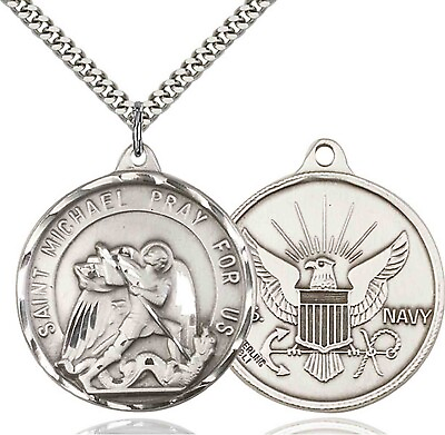 #ad Large Sterling Silver St Saint Michael Navy Medal Pendant Necklace W Chain $109.99