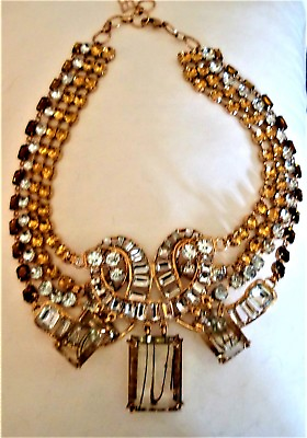 #ad Wow Spectacular Statement Gold Tone Bib Necklace 4 Strand Amber Smokey Clear $325.99