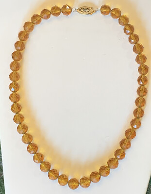 #ad Antique Art Deco Gold Tone Filigree Clasp Citrine Crystal Cut Glass Necklace 16” $50.99