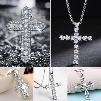 #ad 925 Silver Cubic Zirconia Cross Pendant Necklace Choker Women Party Jewelry Gift C $1.89