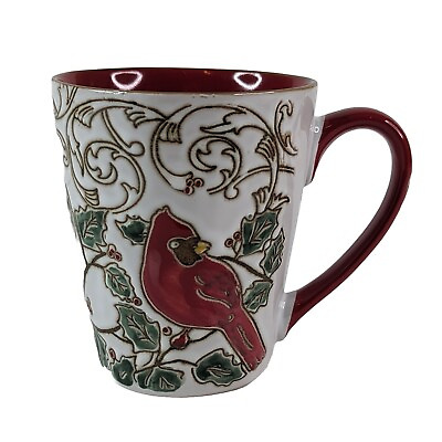 #ad Christmas Coffee Mug Gilded Cardinal Poinsettia In Home Designz Red White Green $14.97