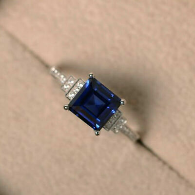 #ad Women#x27;s 2Ct Blue Simulated Sapphire Asscher Engagement Wedding Ring 925 Silver $88.19
