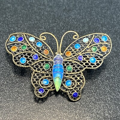 #ad Fabulous Antique Filigree And Enamel Butterfly Pin Silver 7 $29.99