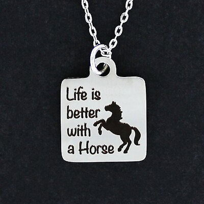 #ad HORSE Necklace LIFE IS BETTER Stainless Steel Square Love Equestrian Engraved $19.00