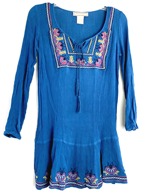 #ad Anthropologie Flying Tomato Blouse Tunic Blue Embroidery Ruffle Tassel Boho S $16.50