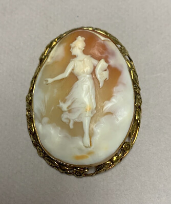 #ad Antique Cameo Large Pendant Brooch Shell 14K Gold Lady Dancing Signed c 1905 $350.00