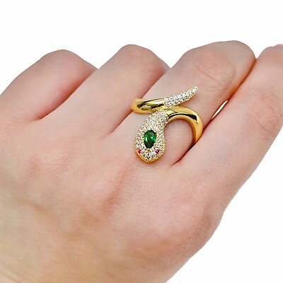 #ad 14k Authentic Gold Fancy CZ Snake with Green Stone Yellow Gold Ring Size 8 $336.04