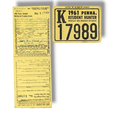 #ad VTG 1961 PENNA Pennsylvania Resident Hunter Hunting License Deer Bear Tag b $18.99
