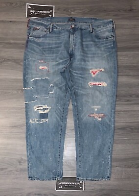 #ad POLO RALPH LAUREN Big Tall Varick Slim Straight Red Bandana Distress Jeans NWOT $69.97