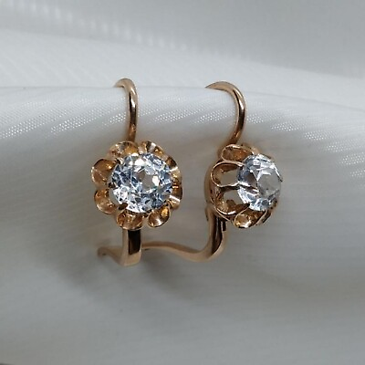 #ad Cute Soviet Vintage Russian Rose Gold 583 14K Earrings Rock Crystal Stone USSR $759.99