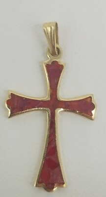 #ad 14k Gold Cross Pendant With Red Inlay 1.2 Grams $155.00