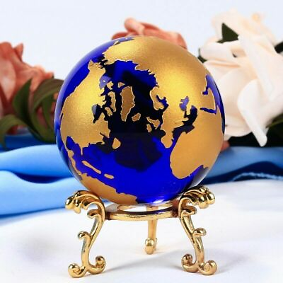#ad 60mm Blue Gold Crystal Earth Model Feng Shui Glass Globe Crystal Ball Ornament $20.90