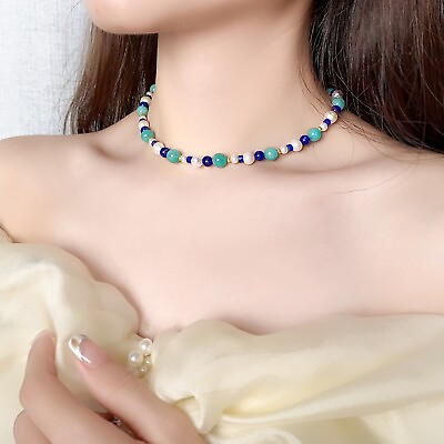 #ad Natural Amazonite Lapis Lazuli Pearl Stone Crystal Handmade Blue Choker Necklace $24.69