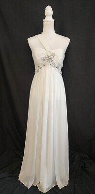 #ad Cache One Shoulder White Beaded Goddess Formal Gown Dress Flowing Skirt Sz 4 $39.99