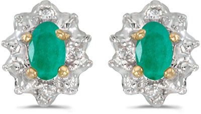 #ad 14k Yellow Gold Oval Emerald And Diamond Earrings CM E911X 05 $299.95