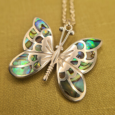 #ad Large Abalone Butterfly Necklace in Sterling Silver GBP 97.00